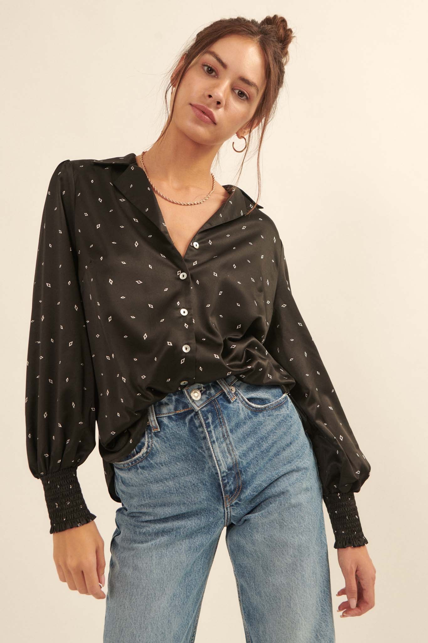 Let It Sparkle Diamond-Print Satin Shirt - ShopPromesa