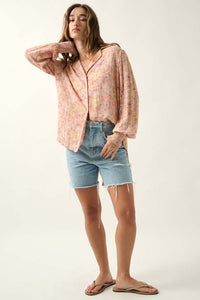 Delicate Dawn Floral Crepe Smocked-Cuff Top - ShopPromesa