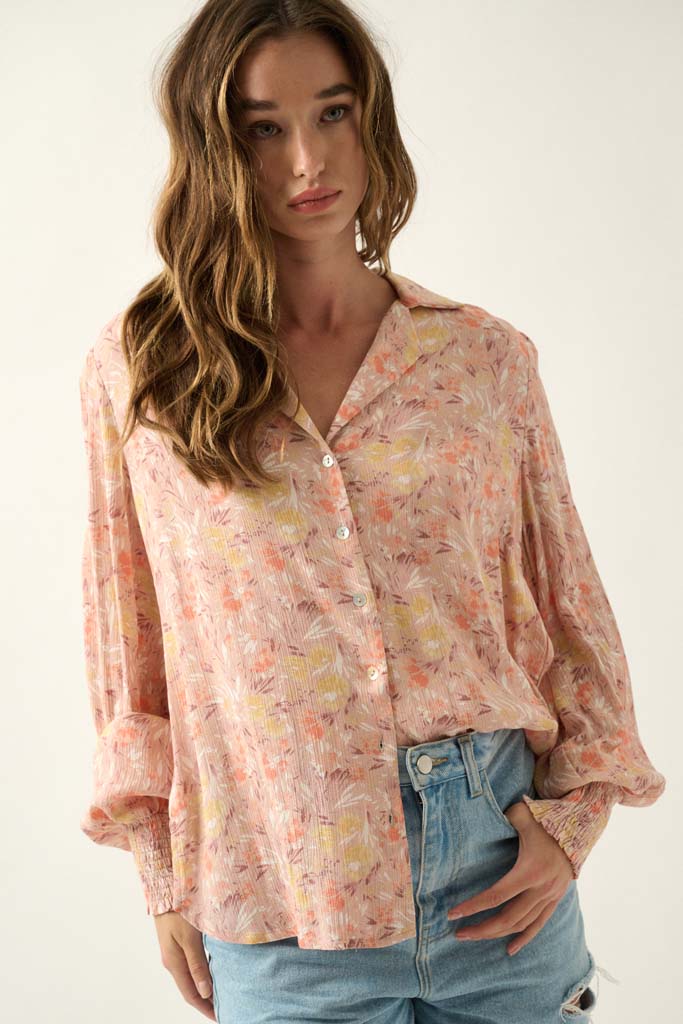 Delicate Dawn Floral Crepe Smocked-Cuff Top - ShopPromesa