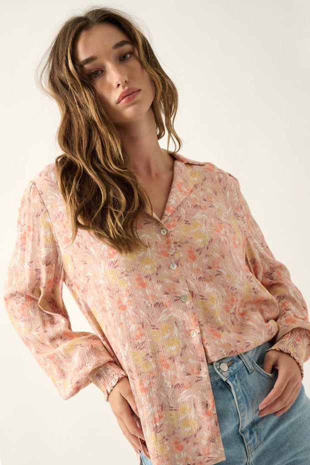 Delicate Dawn Floral Crepe Smocked-Cuff Top