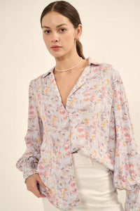 Delicate Dawn Floral Crepe Smocked-Cuff Top - ShopPromesa