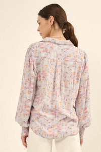 Delicate Dawn Floral Crepe Smocked-Cuff Top - ShopPromesa