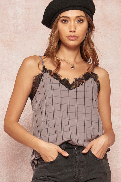 Square One Lace-Trimmed Plaid Cami Top - ShopPromesa