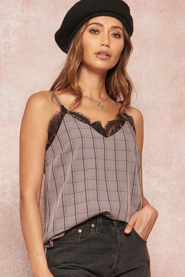 Square One Lace-Trimmed Plaid Cami Top - ShopPromesa