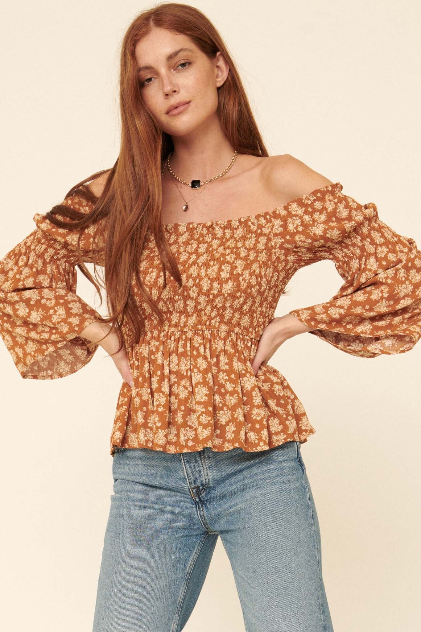 Country Orchard Smocked Floral Off-Shoulder Top - ShopPromesa