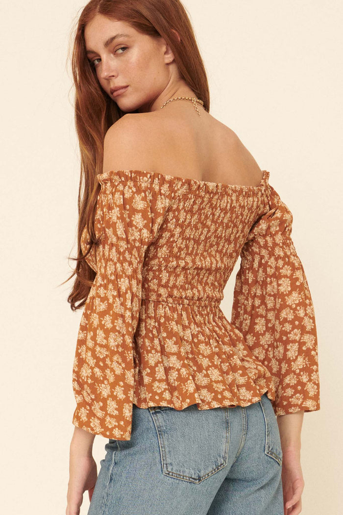 Country Orchard Smocked Floral Off-Shoulder Top - ShopPromesa