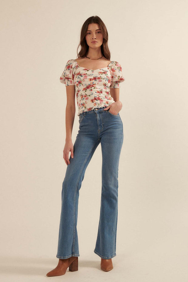 Blushing Roses Ruched Floral Puff-Sleeve Top - ShopPromesa
