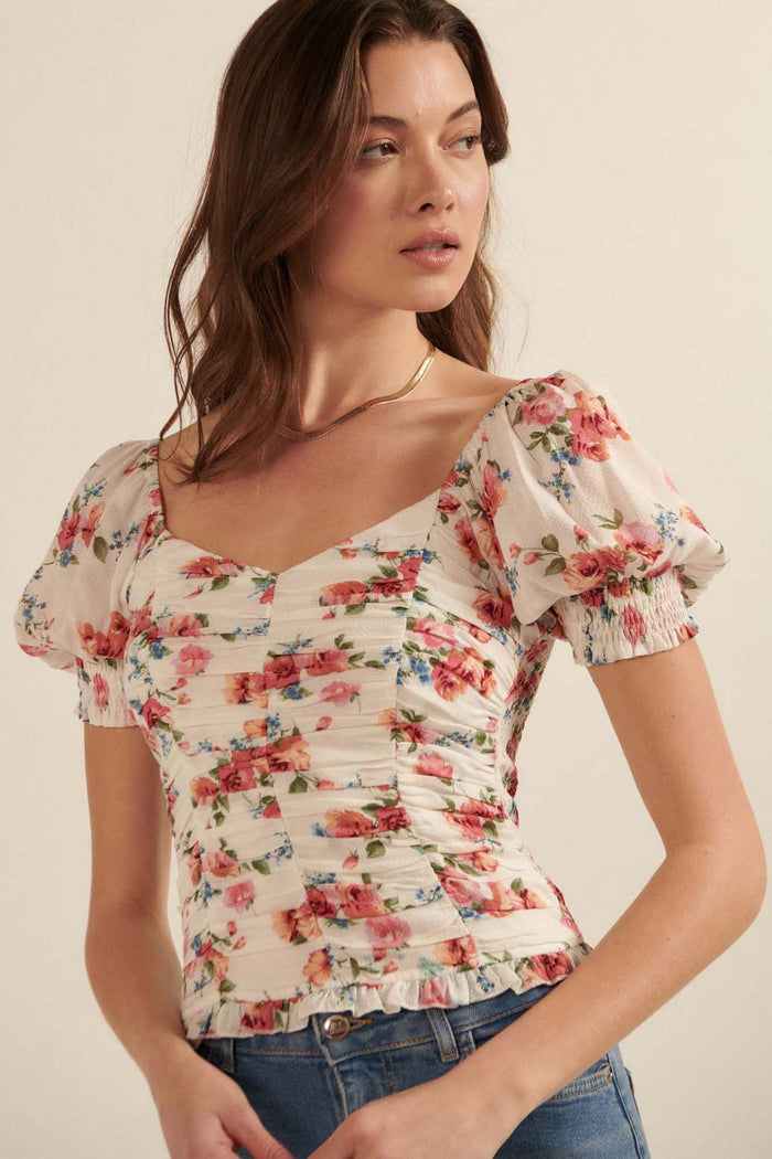 Blushing Roses Ruched Floral Puff-Sleeve Top - ShopPromesa