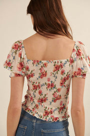 Blushing Roses Ruched Floral Puff-Sleeve Top - ShopPromesa