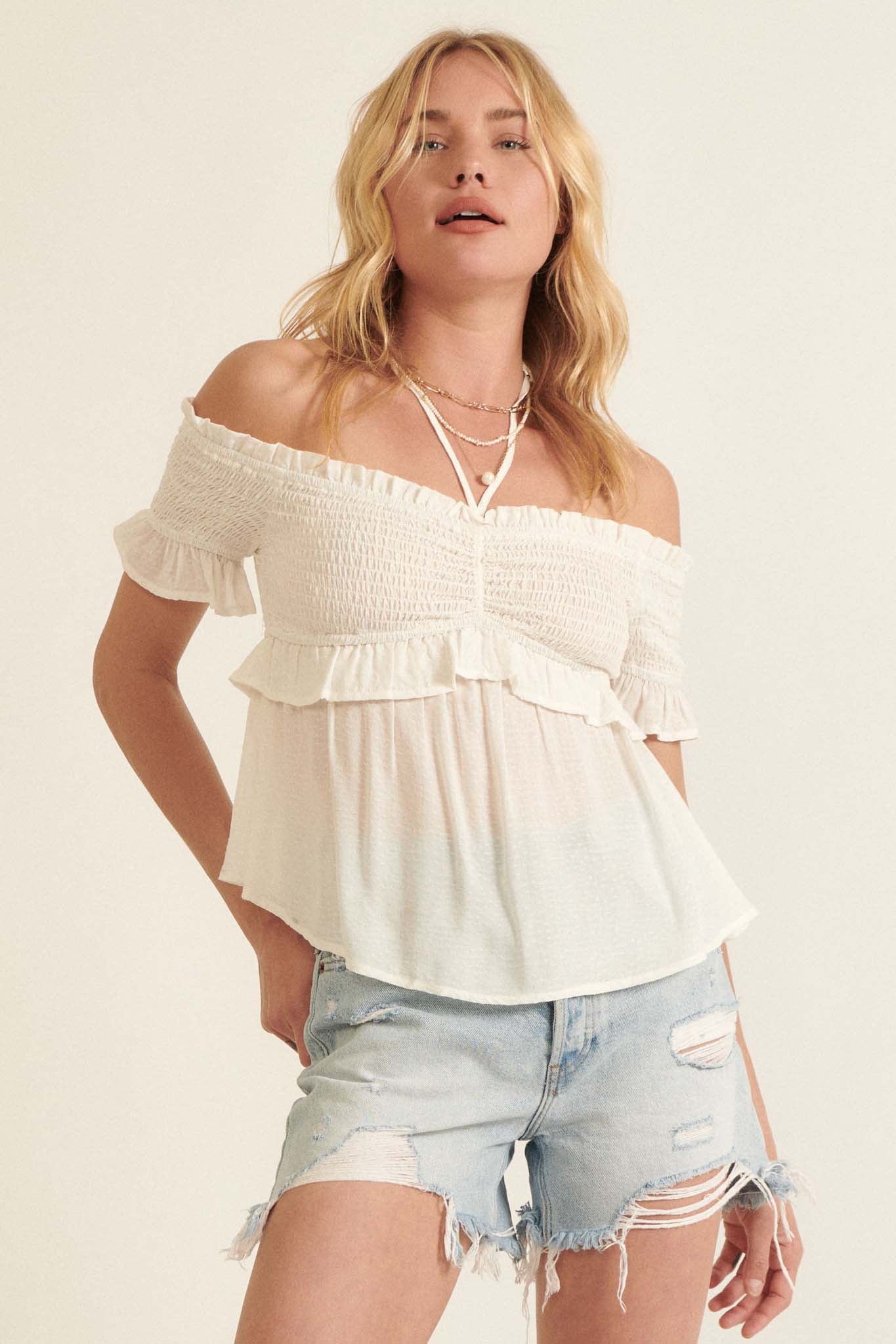 True Devotion Smocked Off-Shoulder Babydoll Top - ShopPromesa