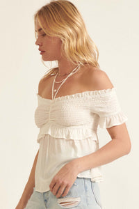 True Devotion Smocked Off-Shoulder Babydoll Top - ShopPromesa