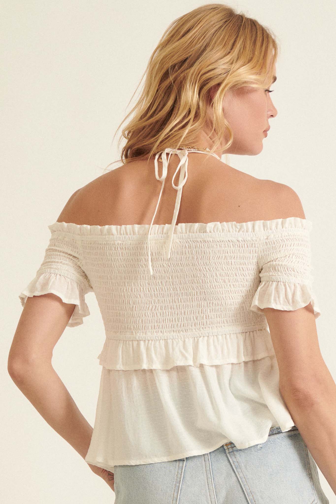 True Devotion Smocked Off-Shoulder Babydoll Top - ShopPromesa