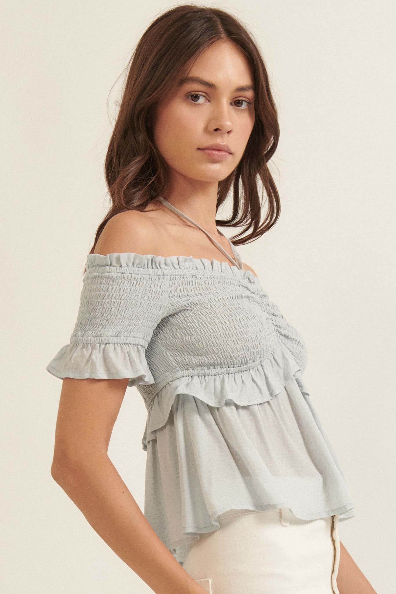 True Devotion Smocked Off-Shoulder Babydoll Top - ShopPromesa