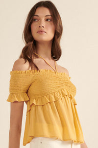 True Devotion Smocked Off-Shoulder Babydoll Top - ShopPromesa