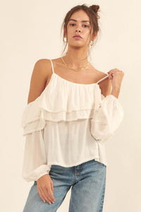 Romantic Soul Ruffled Jacquard Cold-Shoulder Top - ShopPromesa