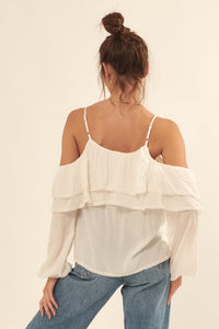 Romantic Soul Ruffled Jacquard Cold-Shoulder Top - ShopPromesa