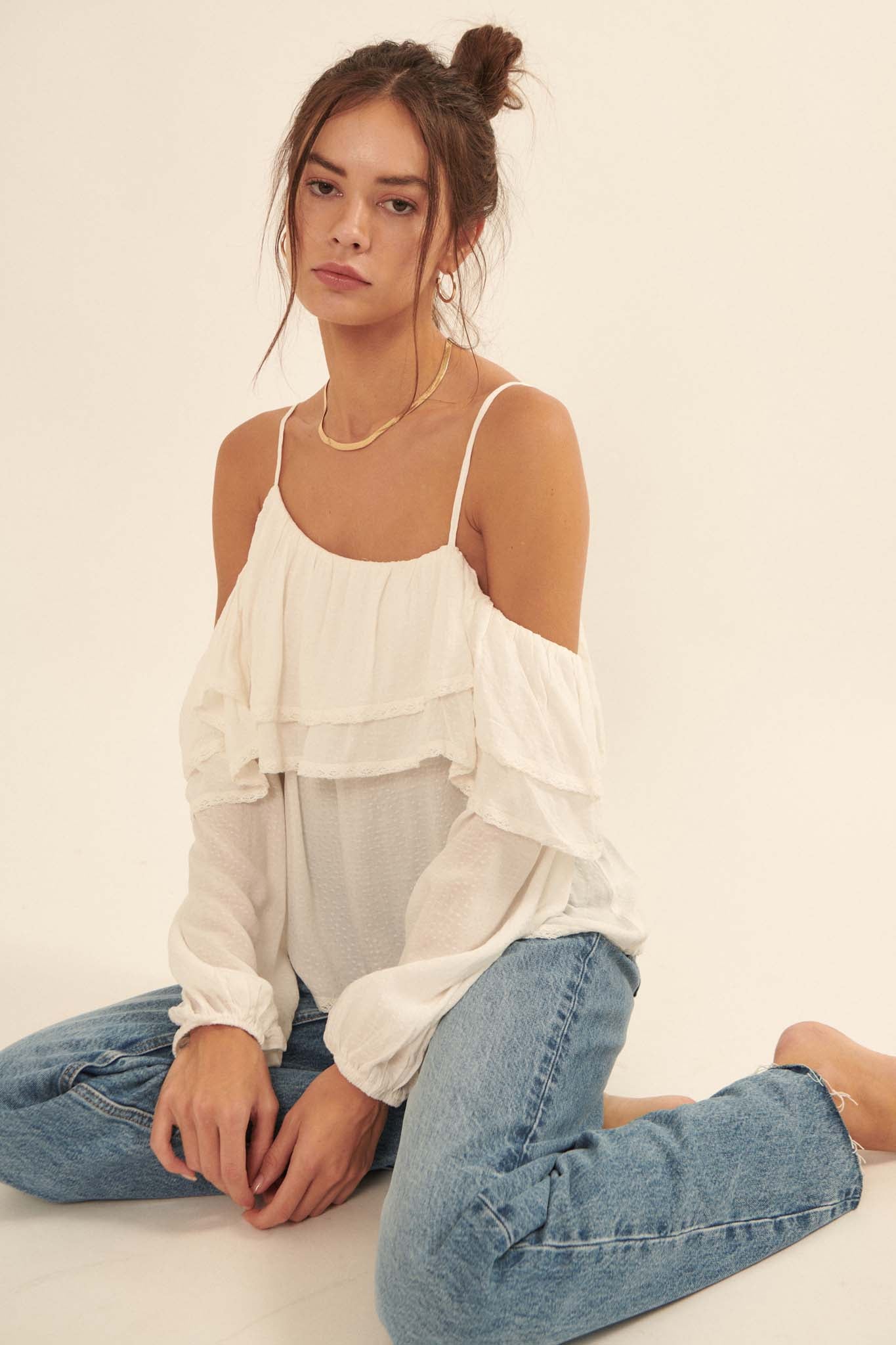 Romantic Soul Ruffled Jacquard Cold-Shoulder Top - ShopPromesa