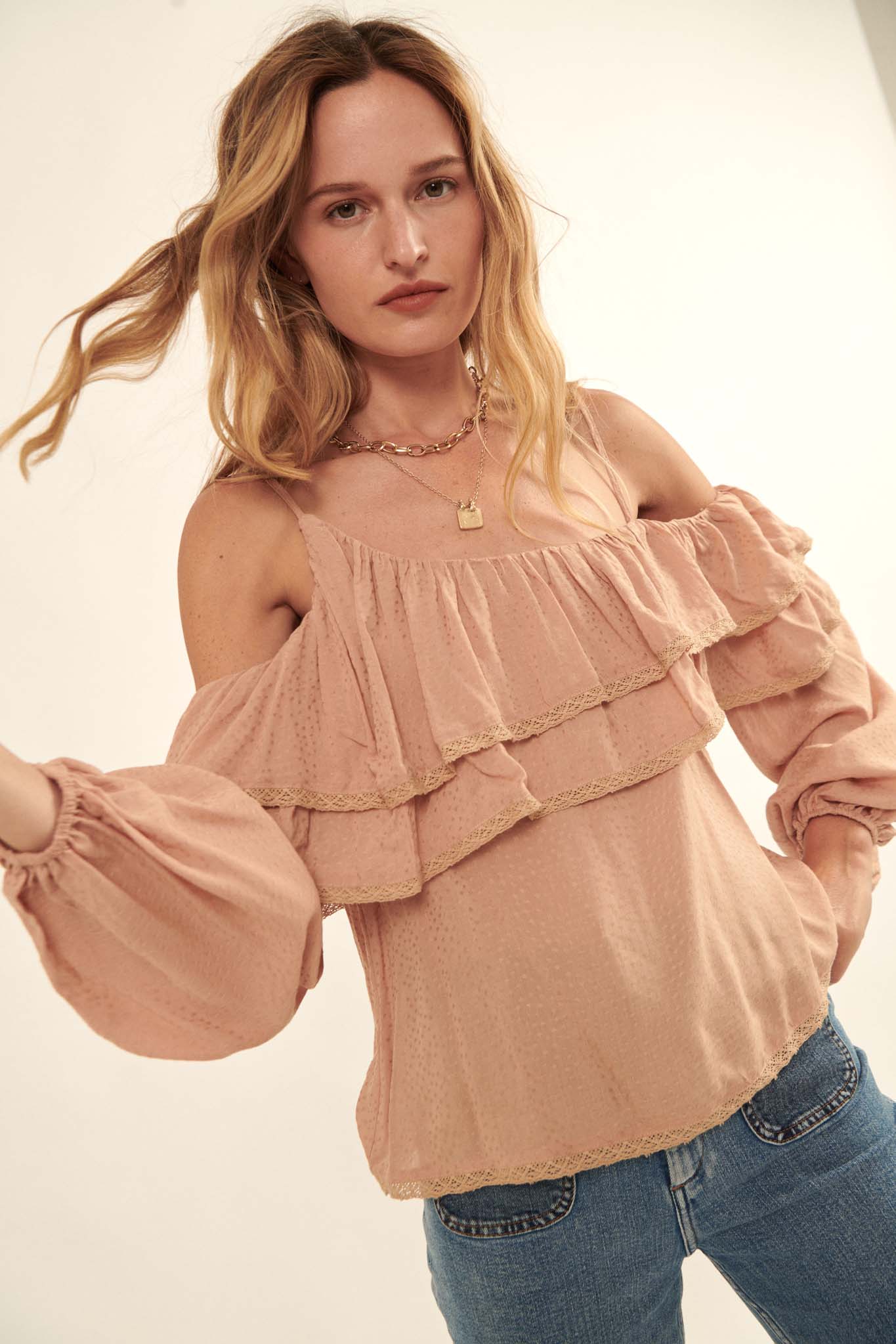 Romantic Soul Ruffled Jacquard Cold-Shoulder Top - ShopPromesa