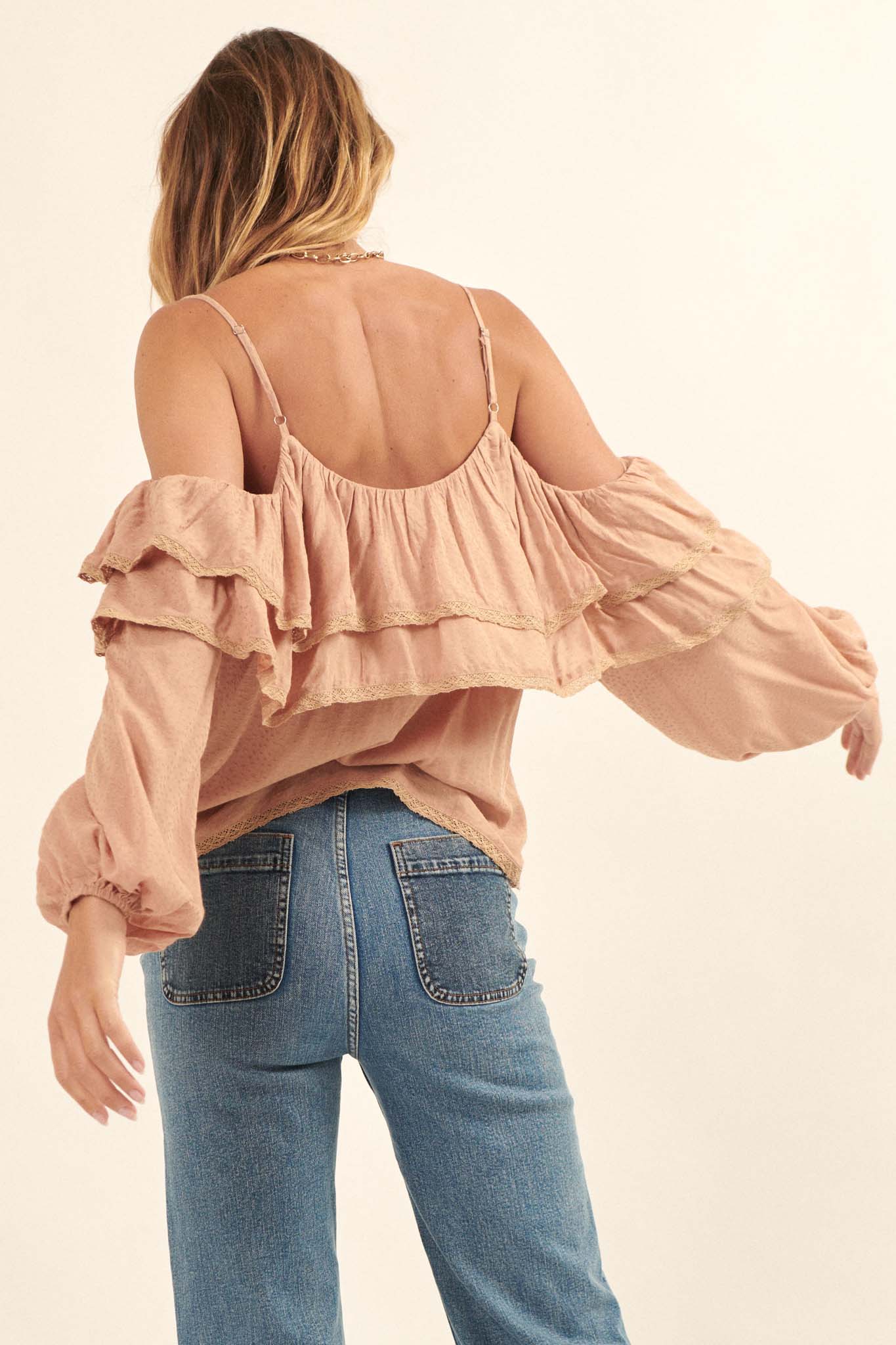 Romantic Soul Ruffled Jacquard Cold-Shoulder Top - ShopPromesa