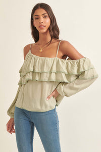 Romantic Soul Ruffled Jacquard Cold-Shoulder Top - ShopPromesa