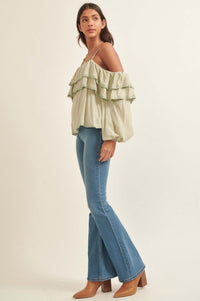 Romantic Soul Ruffled Jacquard Cold-Shoulder Top - ShopPromesa