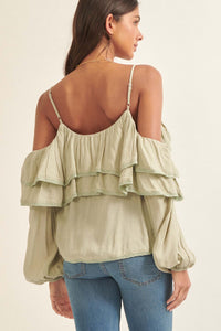 Romantic Soul Ruffled Jacquard Cold-Shoulder Top - ShopPromesa