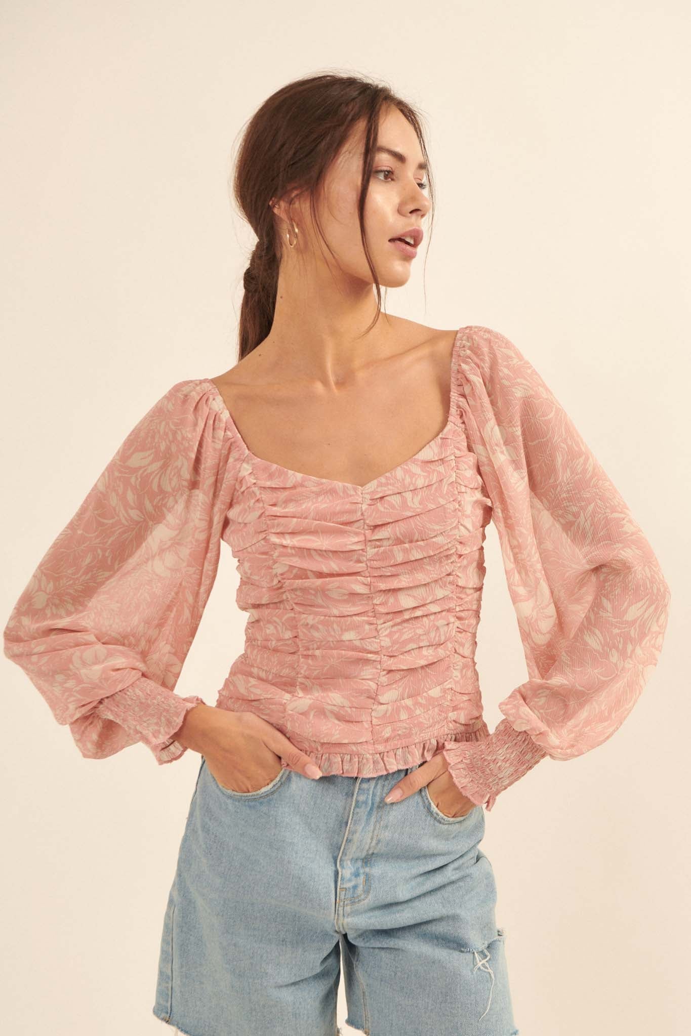 Pure Paradise Ruched Floral Chiffon Peasant Top - ShopPromesa