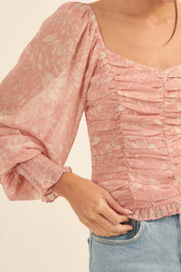 Pure Paradise Ruched Floral Chiffon Peasant Top - ShopPromesa