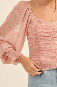 Pure Paradise Ruched Floral Chiffon Peasant Top - ShopPromesa