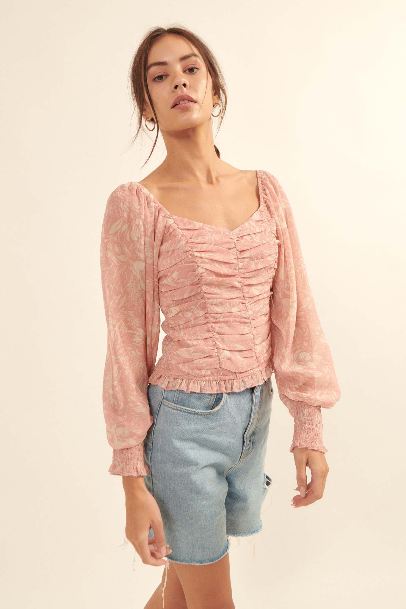 Pure Paradise Ruched Floral Chiffon Peasant Top - ShopPromesa