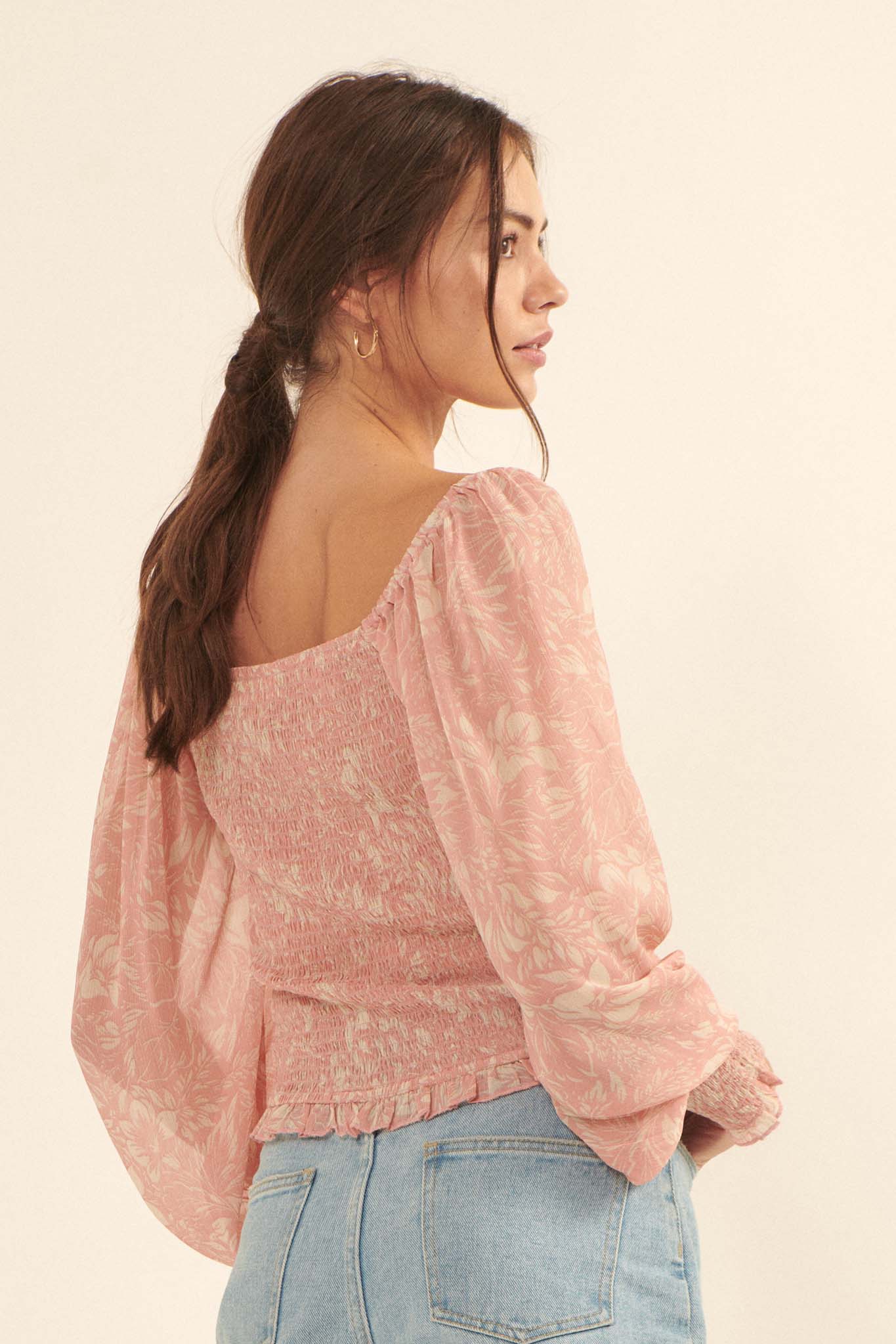 Pure Paradise Ruched Floral Chiffon Peasant Top - ShopPromesa