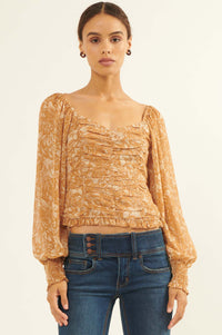 Pure Paradise Ruched Floral Chiffon Peasant Top - ShopPromesa