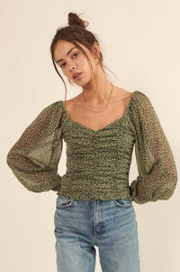 Canyon Chorus Ruched Floral Chiffon Peasant Top - ShopPromesa