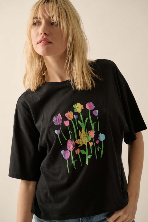 Prismatic Blooms Vintage-Print Flower Graphic Tee - ShopPromesa