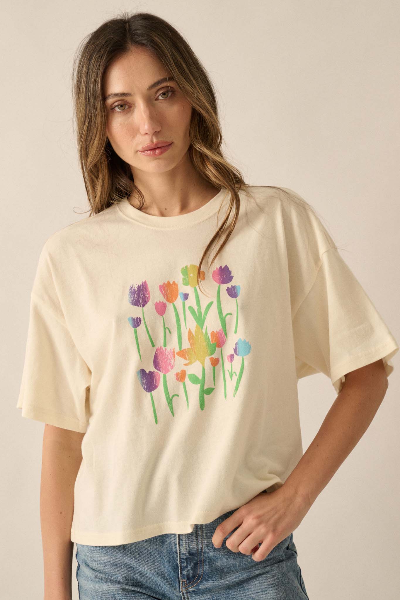 Prismatic Blooms Vintage-Print Flower Graphic Tee - ShopPromesa