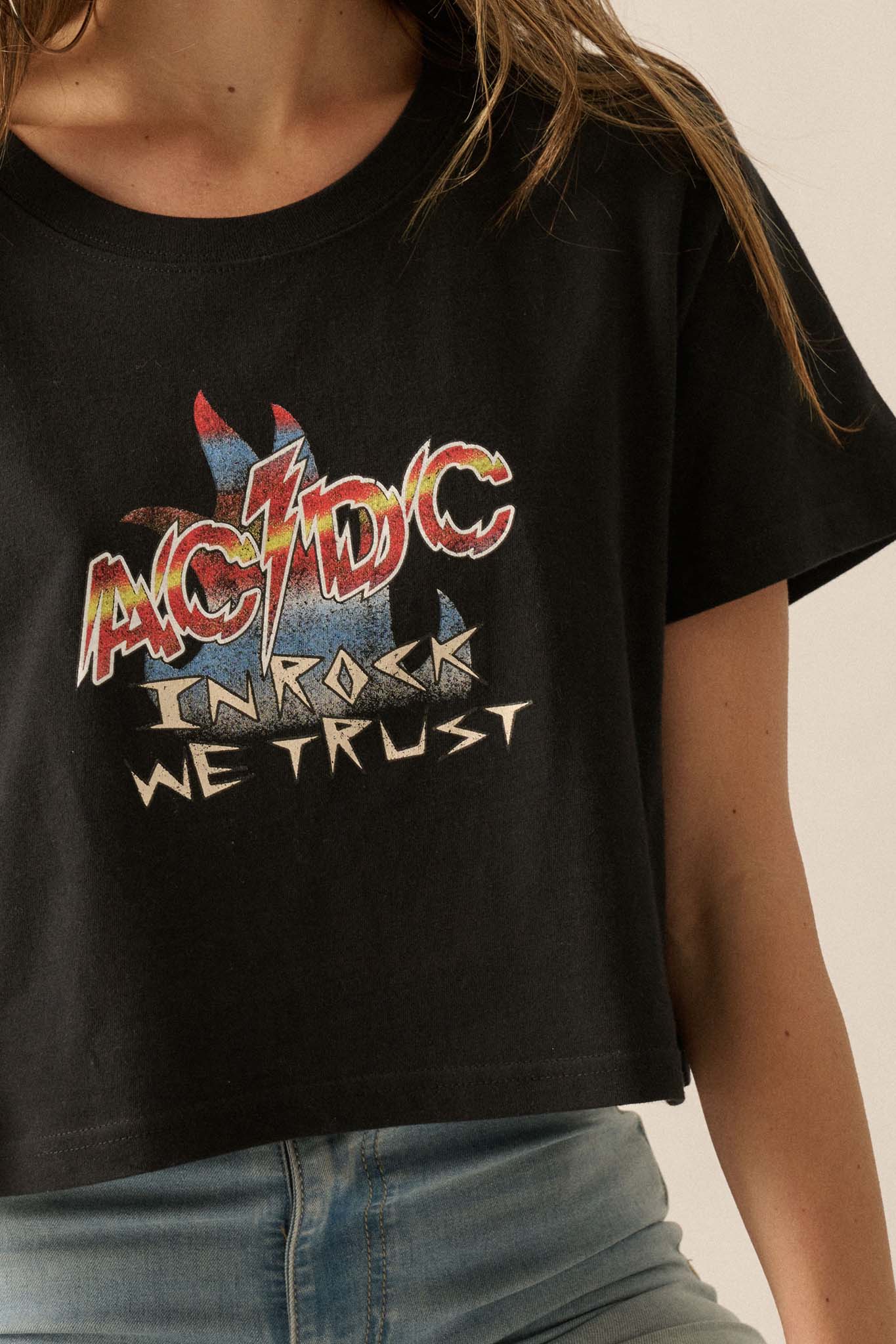 AC/DC In Rock We Trust Cropped Graphic Tee - ShopPromesa