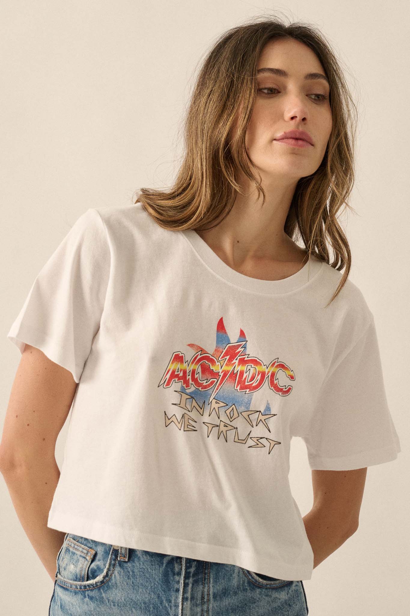 AC/DC In Rock We Trust Cropped Graphic Tee - ShopPromesa