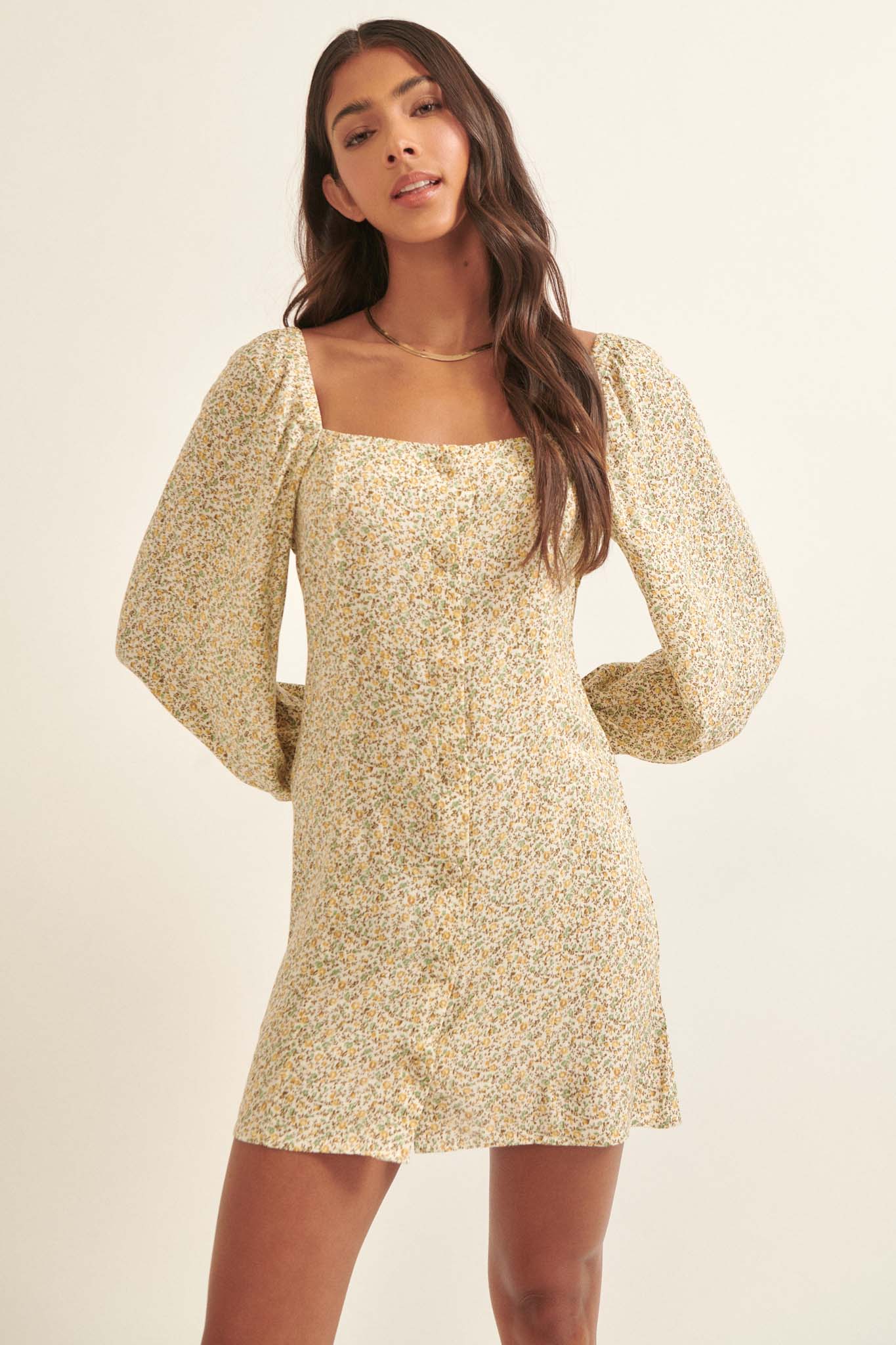 Tiny Petals Floral Bubble-Sleeve Shift Dress - ShopPromesa