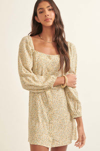 Tiny Petals Floral Bubble-Sleeve Shift Dress - ShopPromesa