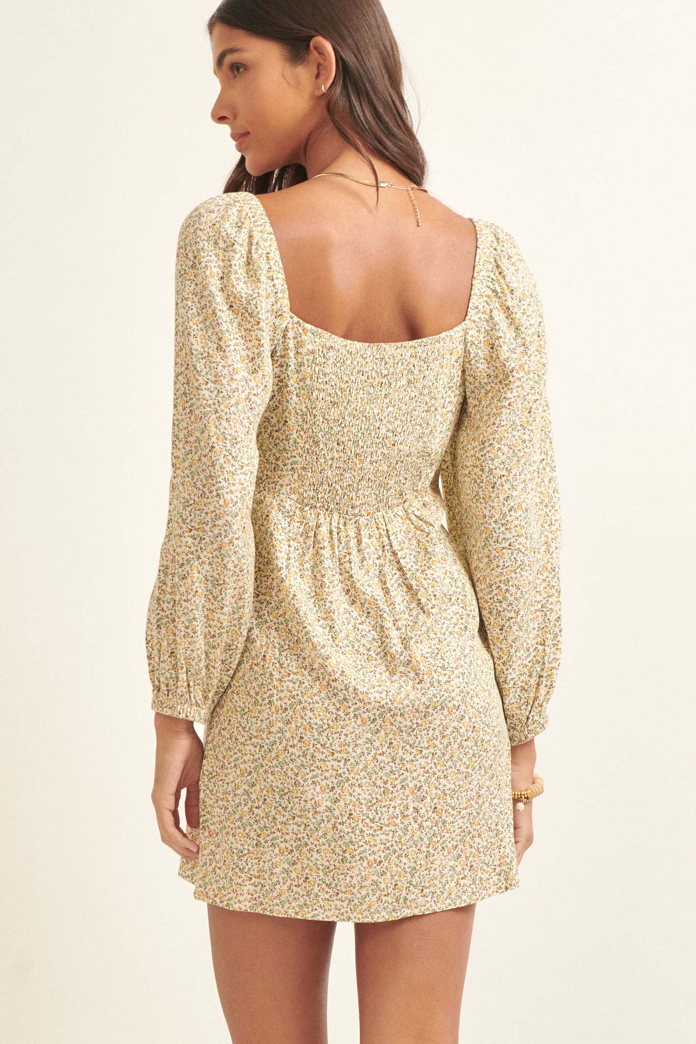 Tiny Petals Floral Bubble-Sleeve Shift Dress - ShopPromesa