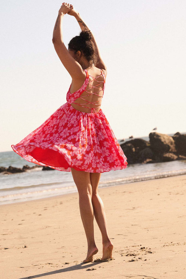 Island Girl Floral Chiffon Lace-Up Back Mini Dress - ShopPromesa