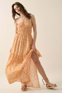 Golden Garden Gathered Floral Halter Maxi Dress - ShopPromesa