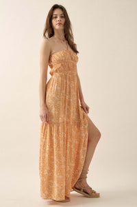 Golden Garden Gathered Floral Halter Maxi Dress - ShopPromesa