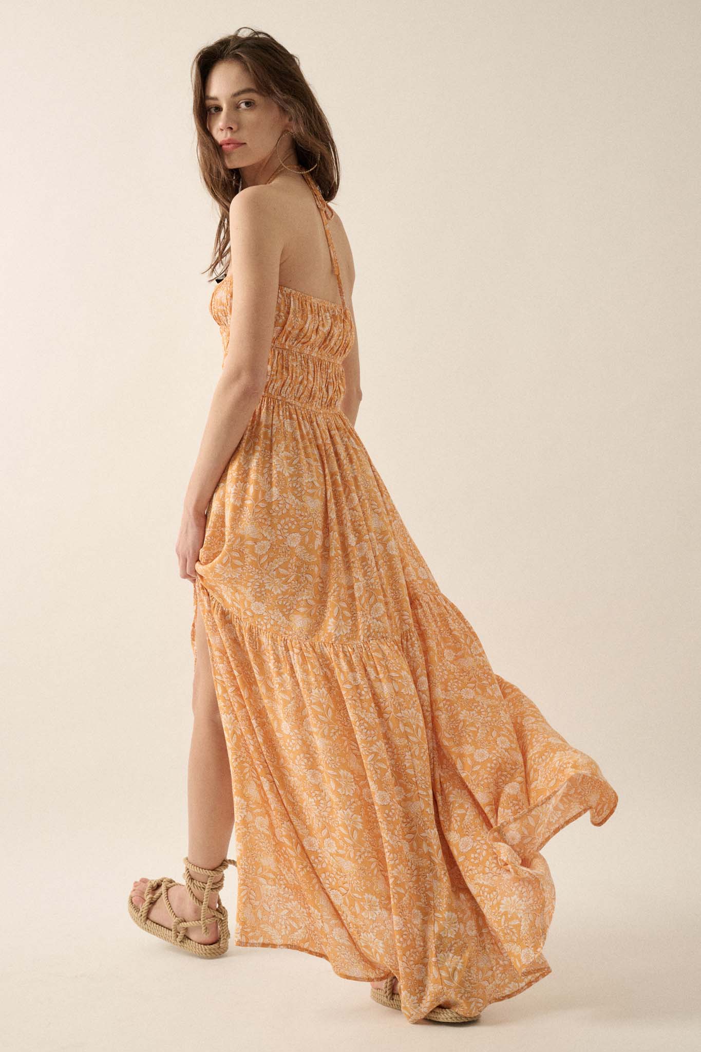 Golden Garden Gathered Floral Halter Maxi Dress - ShopPromesa