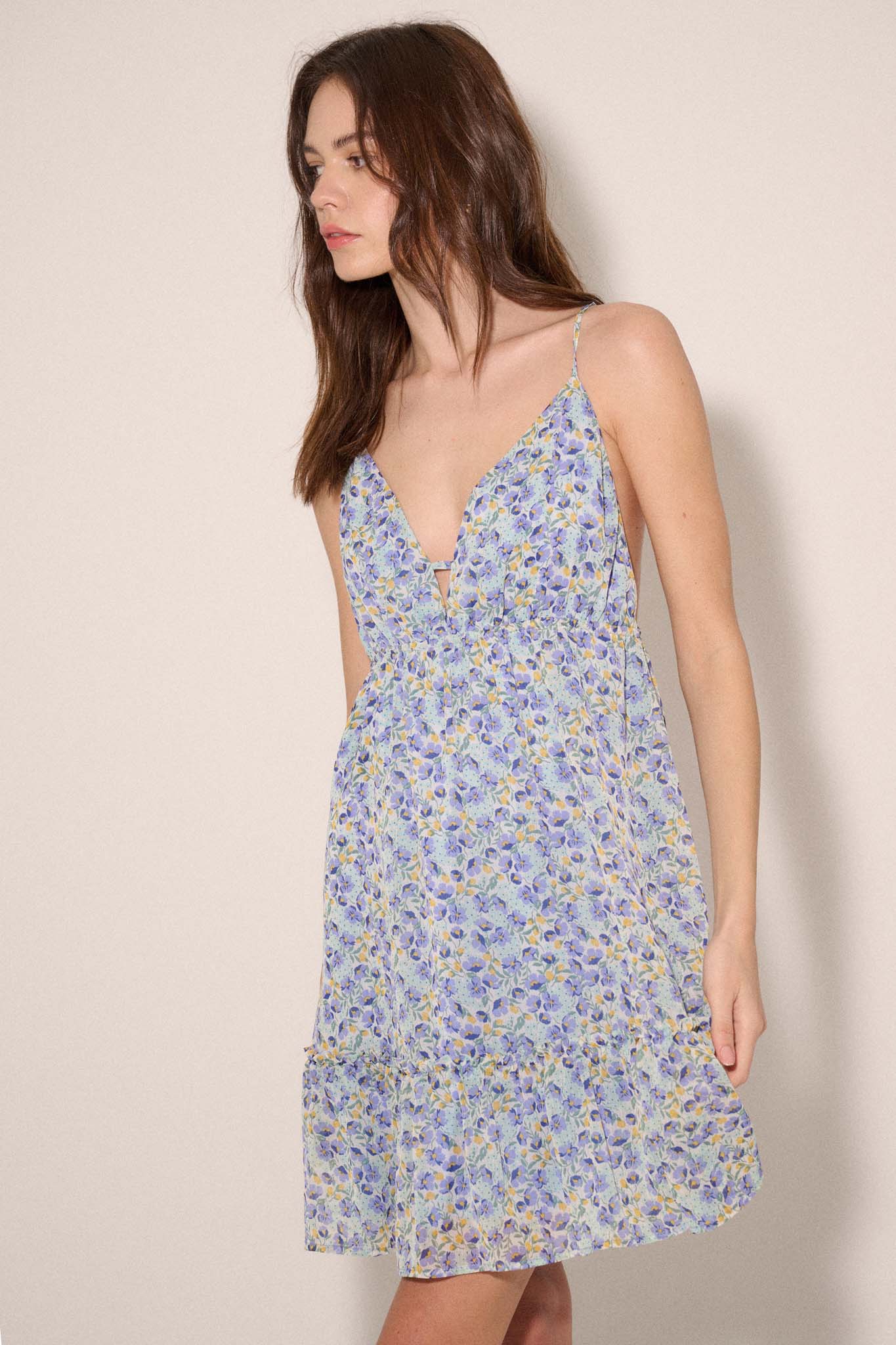 Blue Bliss Floral Chiffon Open-Back Mini Dress - ShopPromesa