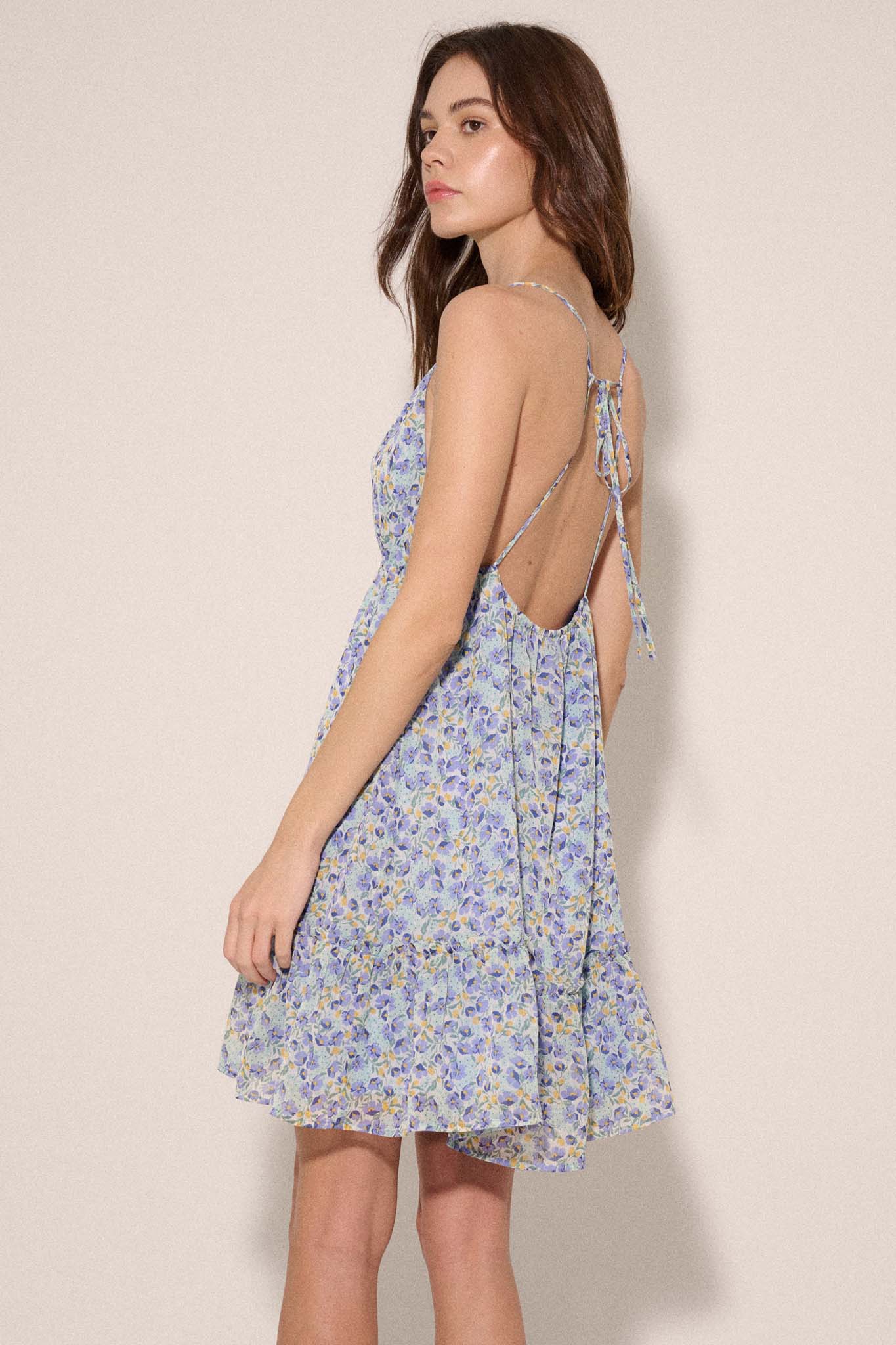 Blue Bliss Floral Chiffon Open-Back Mini Dress - ShopPromesa