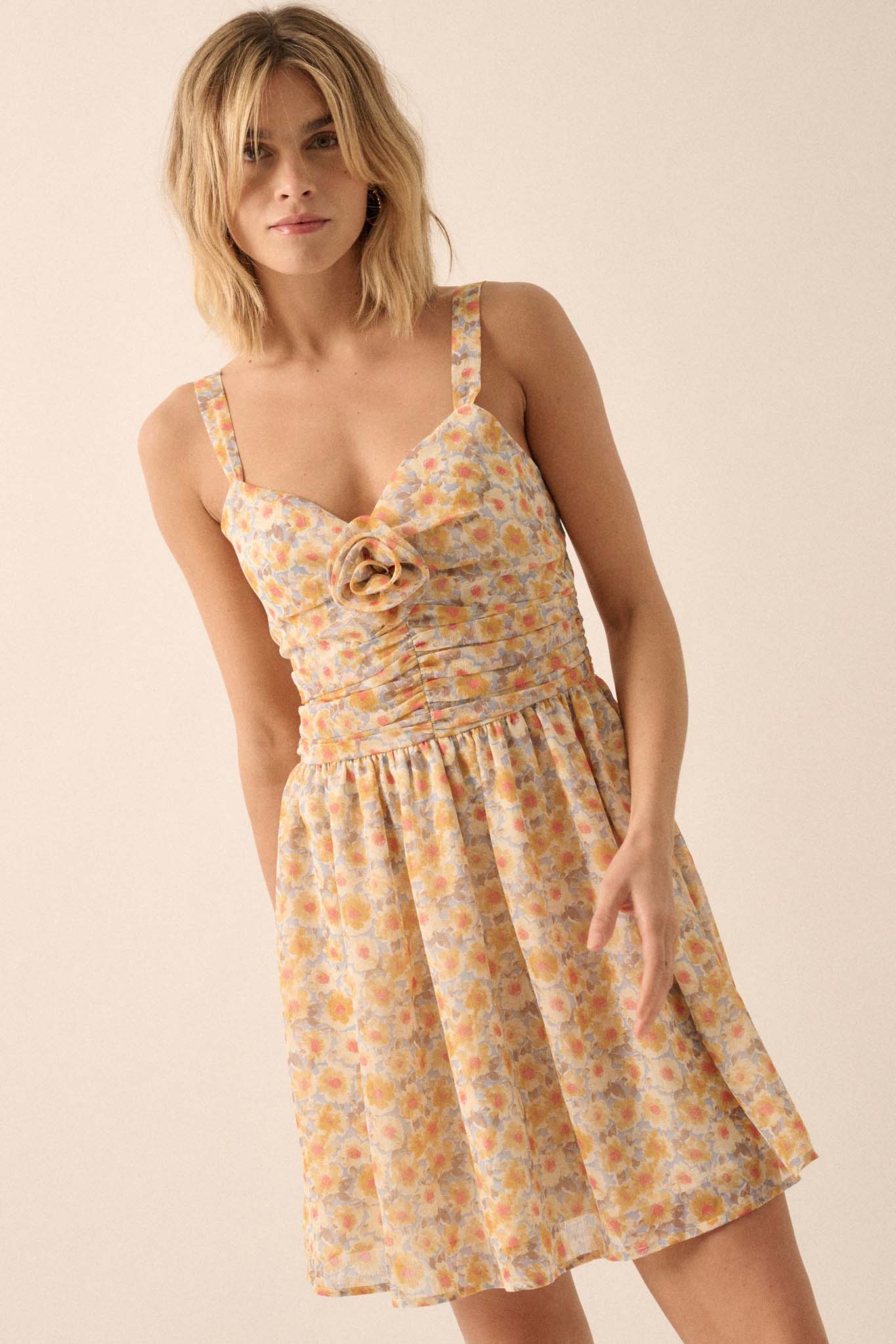 Rosy Romance Ruched Floral Chiffon Mini Sundress - ShopPromesa