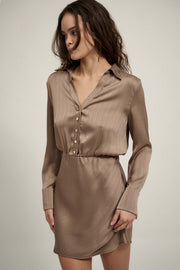 Satin Nights Striped Satin Half-Button Shirt Dress - ShopPromesa