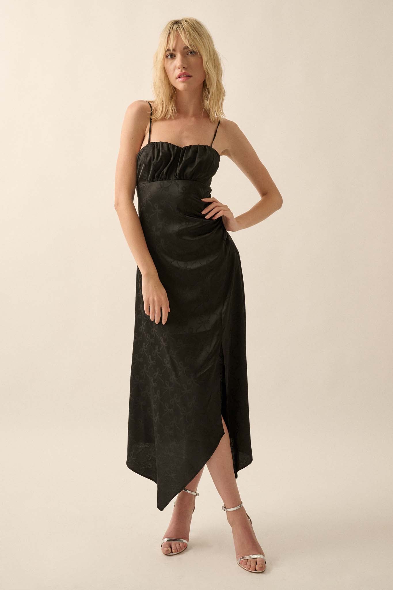 Take a Bow Satin Jacquard Asymmetrical Midi Dress - ShopPromesa