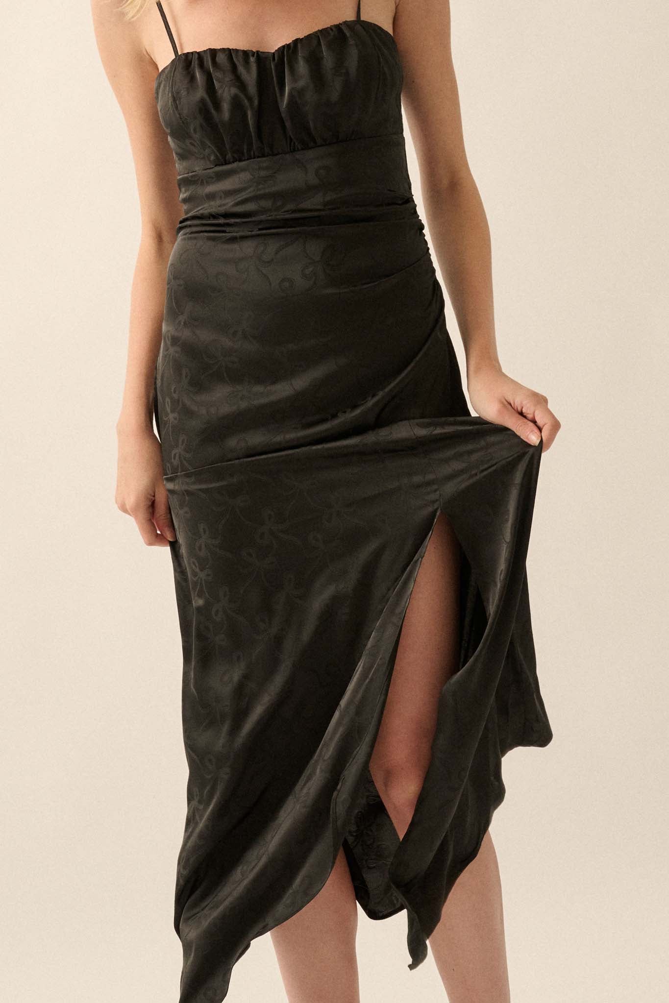 Take a Bow Satin Jacquard Asymmetrical Midi Dress - ShopPromesa